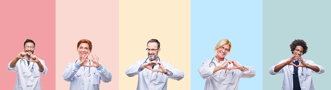 Collage of doctors making heart shapes with their hands