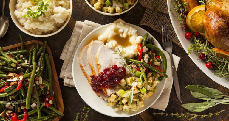 Turkey Mashed Potatoes And Dressing On A Thanksgiving Table